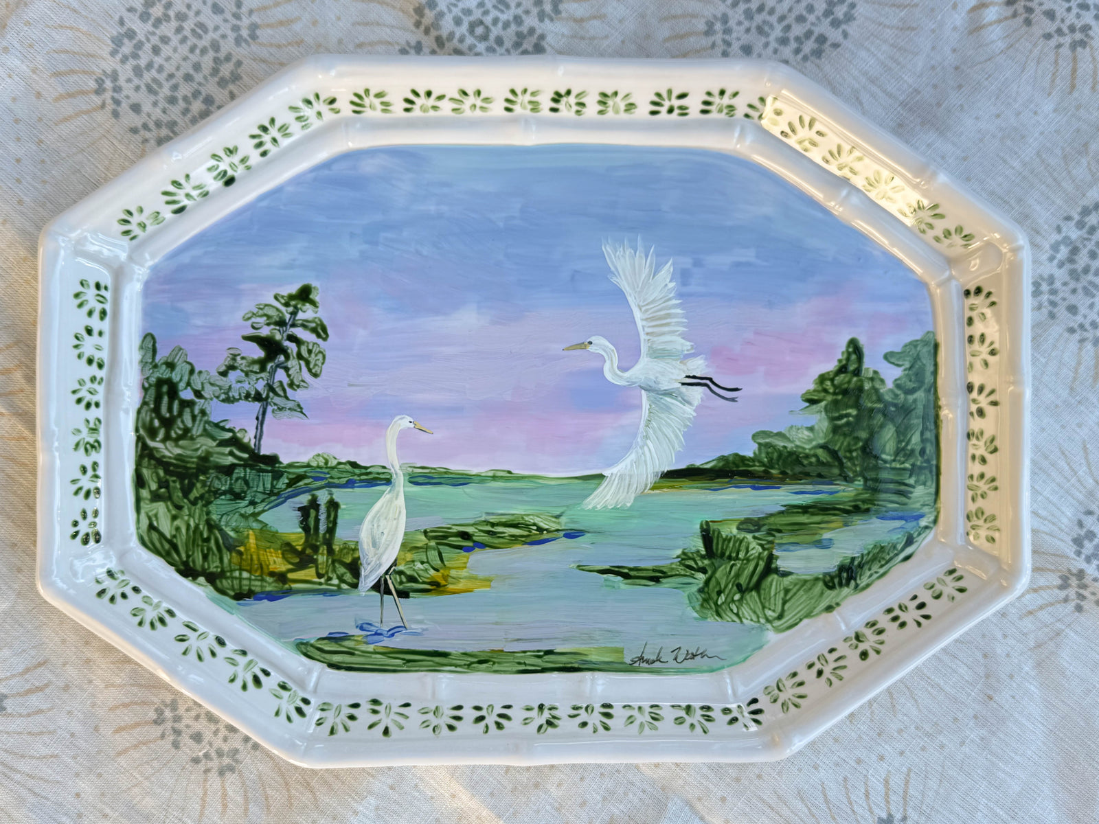 Hand-Painted Coastal Landscape Ceramic Platter – 18” – Food Safe, Dishwasher Safe
