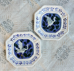 Hand-Painted Egret Mini Ceramic Plate – 6” – Food Safe, Dishwasher Safe