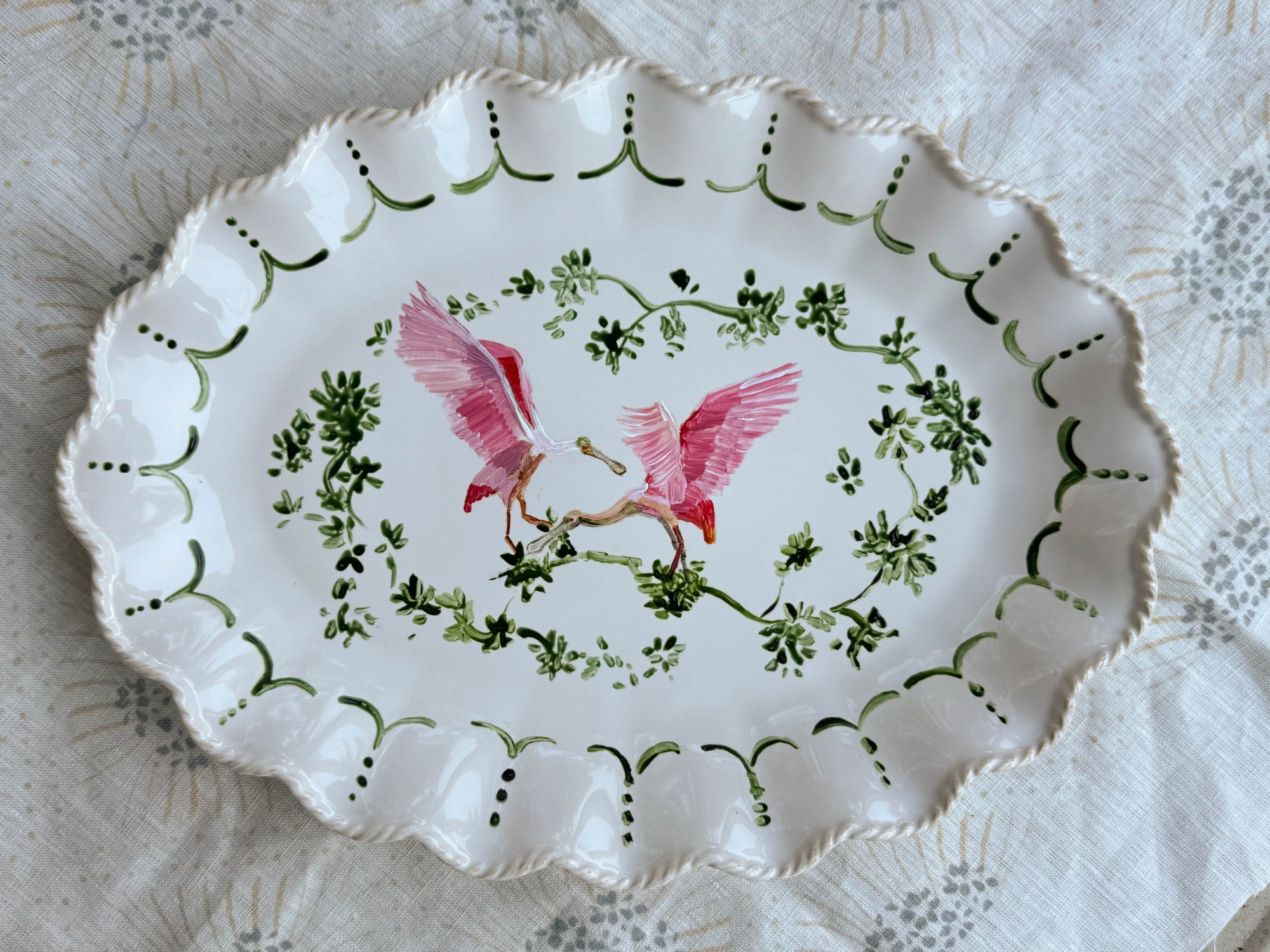 Hand-Painted Pink Spoonbill Ceramic Platter – 18" – Food Safe, Dishwasher Safe