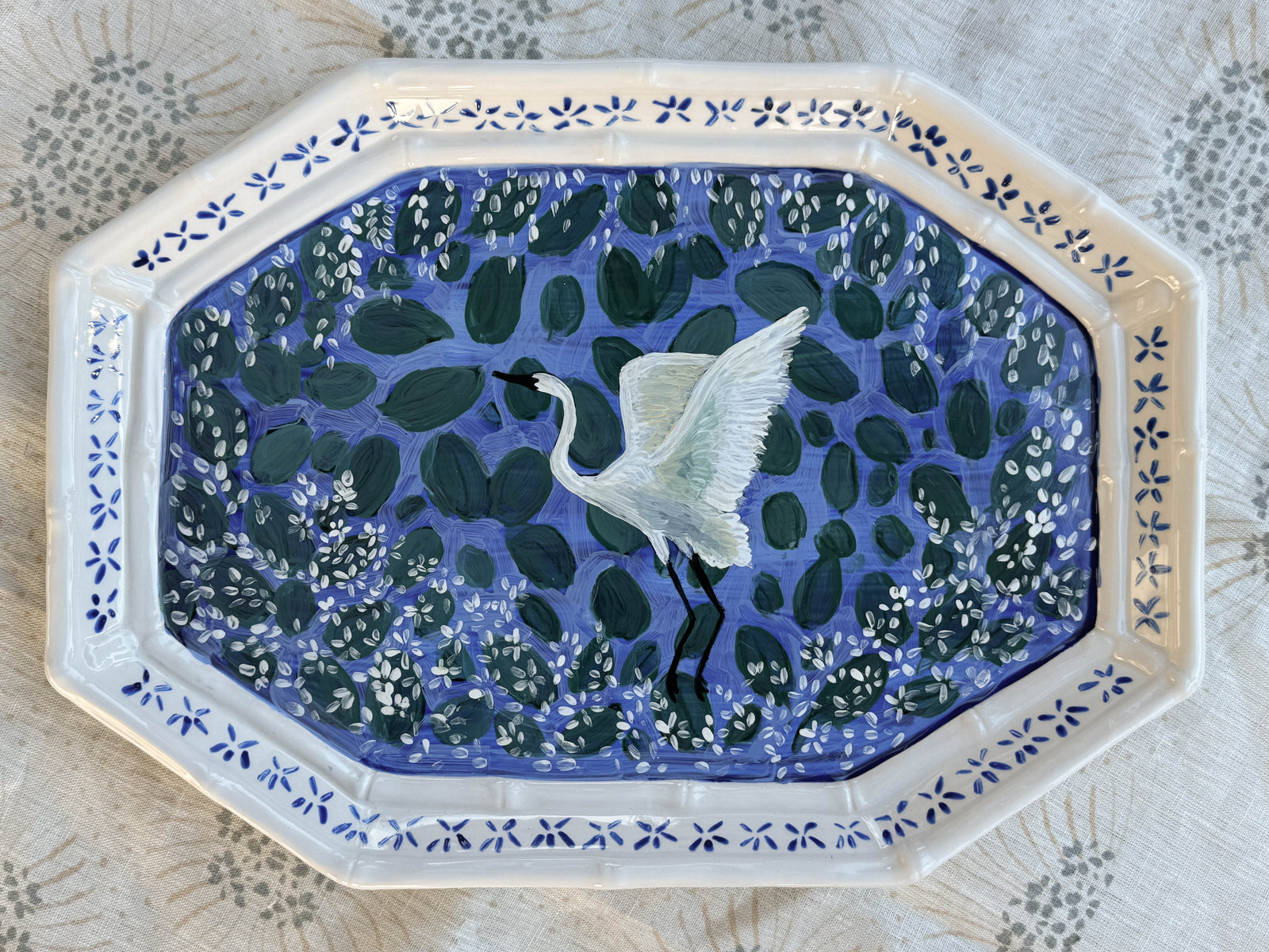 Hand-Painted Blue Botanical Ceramic Platter – 18” – Food Safe, Dishwasher Safe