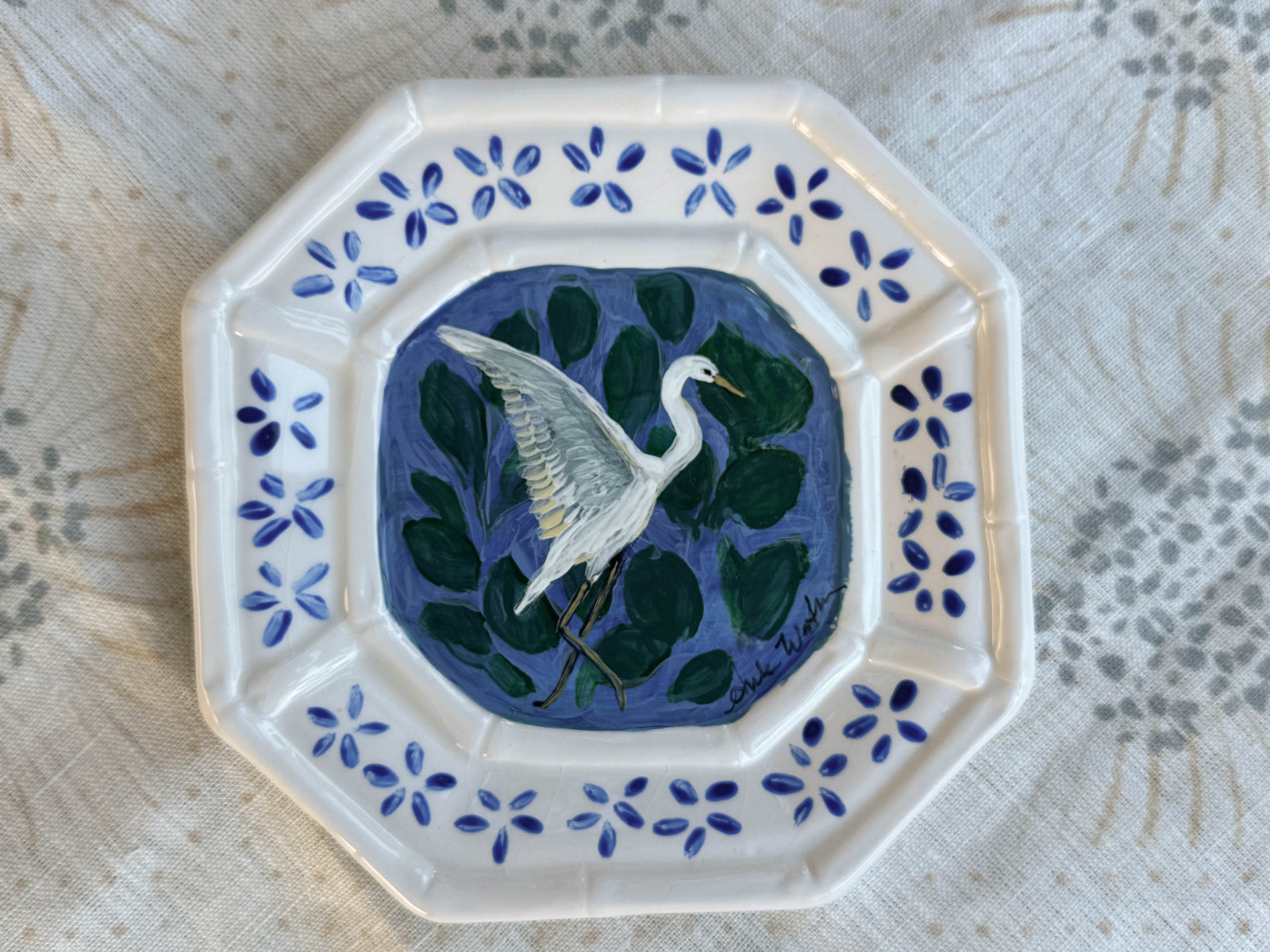 Hand-Painted Egret Mini Ceramic Plate – 6” – Food Safe, Dishwasher Safe