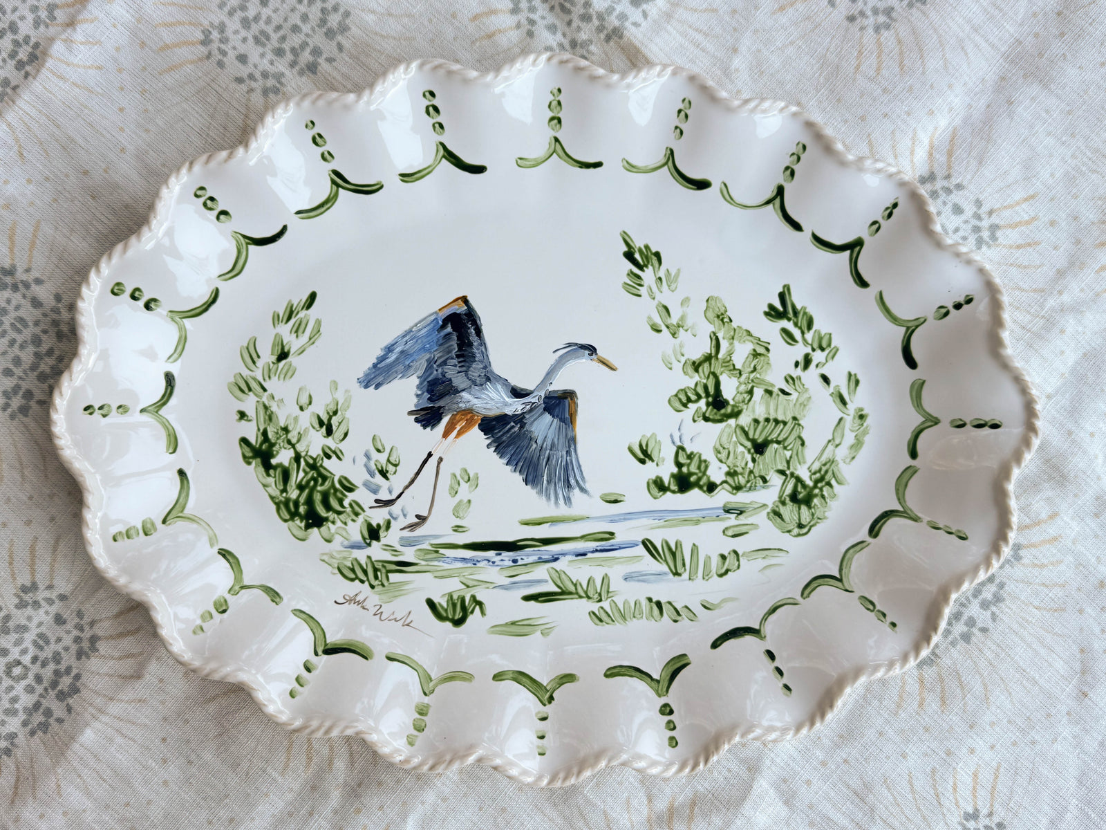 Hand-Painted Heron Ceramic Platter – 18” – Food Safe, Dishwasher Safe
