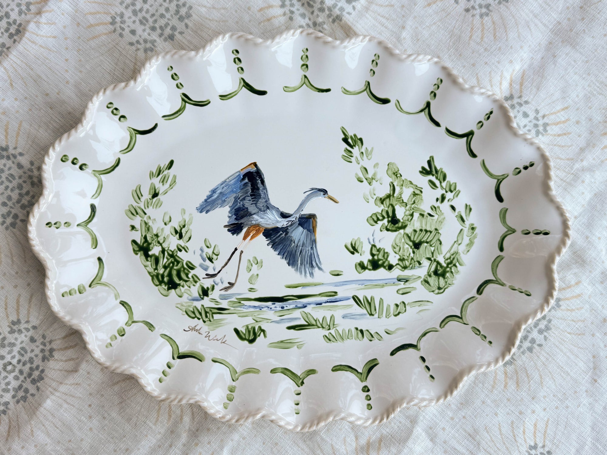 Hand-Painted Heron Ceramic Platter – 18” – Food Safe, Dishwasher Safe